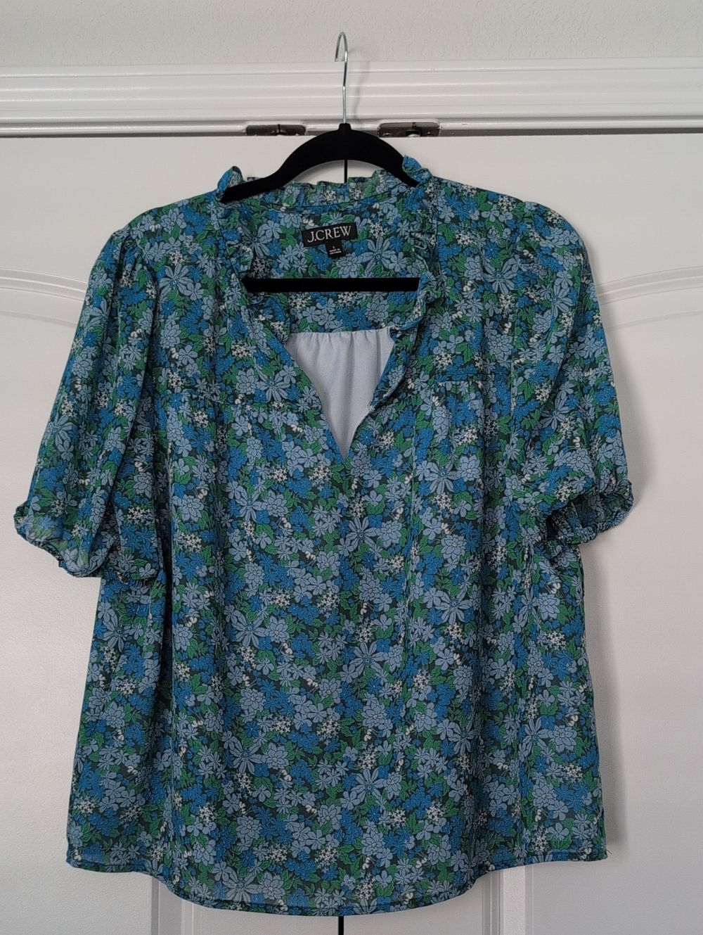 J. Crew Blue and Green Floral Puff-Sleeve Blouse